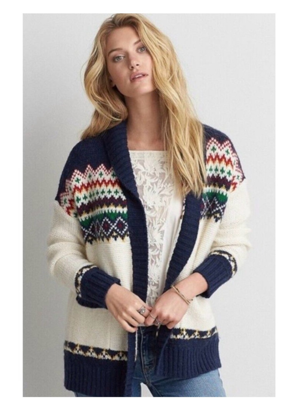 American Eagle Cozy Ivory Fair Isle Open Cardigan Sweater